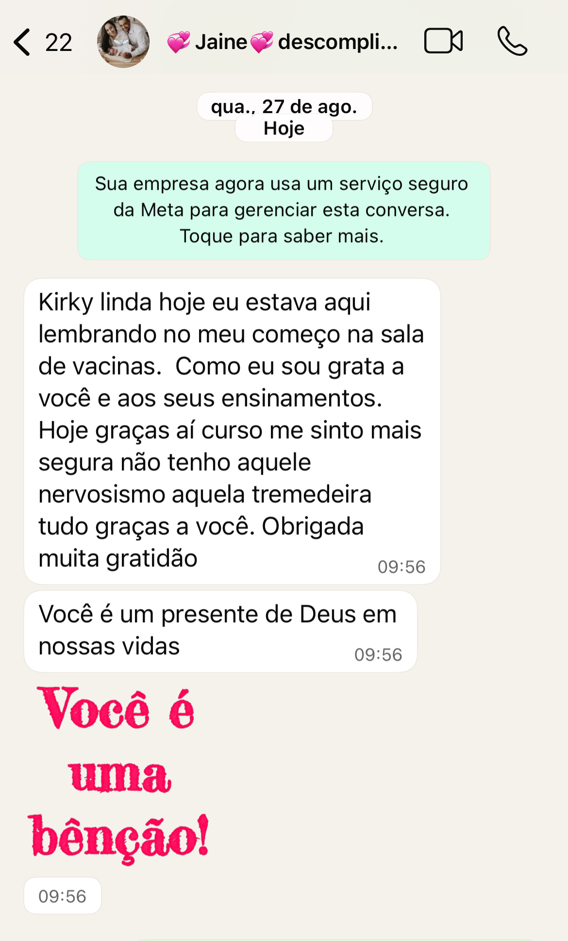 Print do WhatsApp: aluna agradece e diz que ganhou segurança