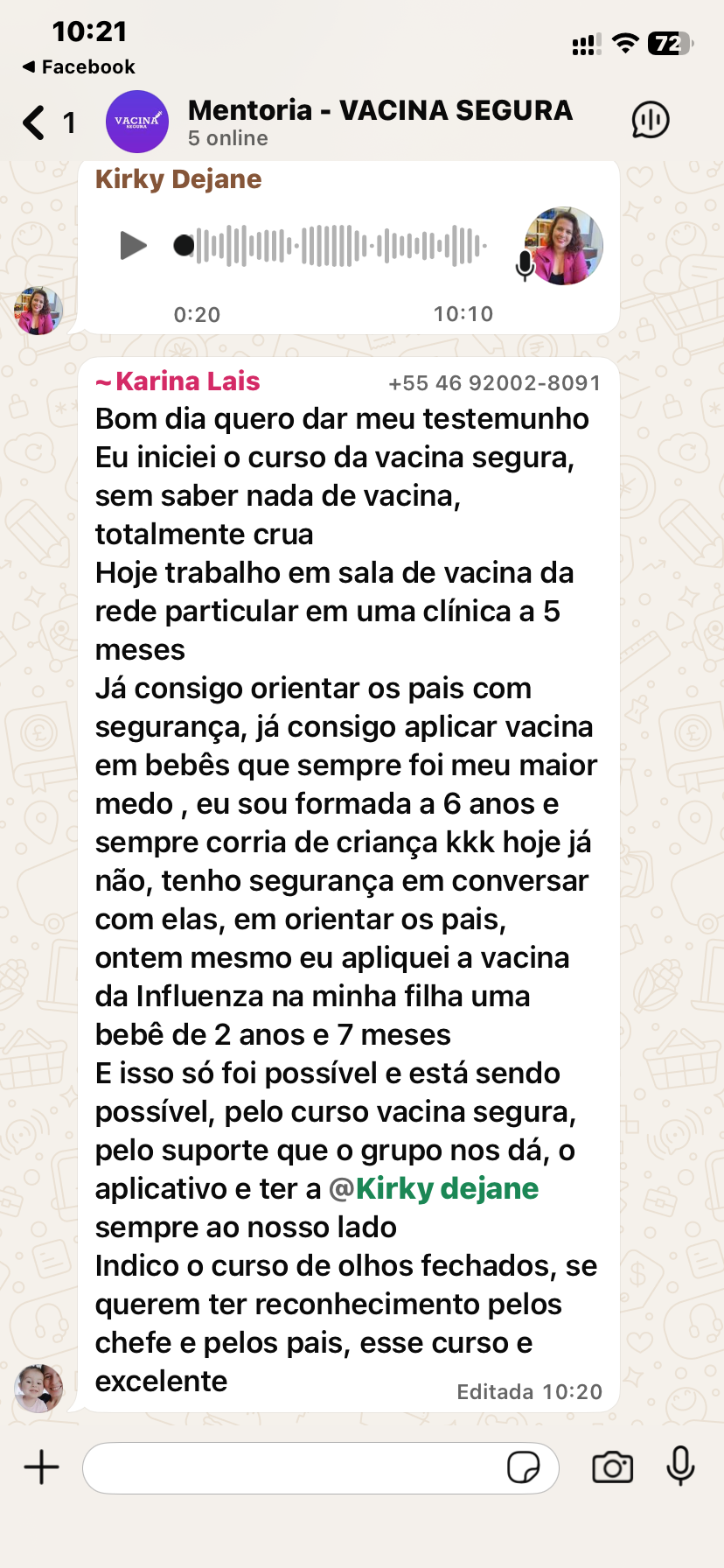 Print do WhatsApp: testemunho da Karina Lais