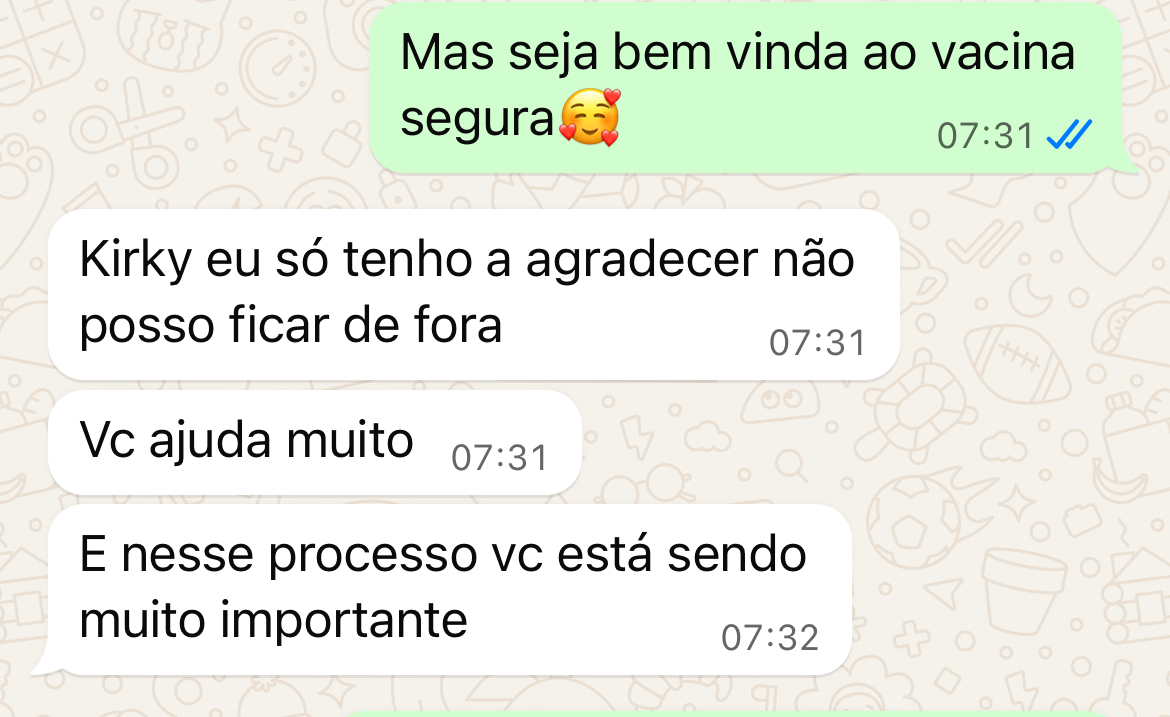 Print do WhatsApp: aluna agradecendo a Kirky