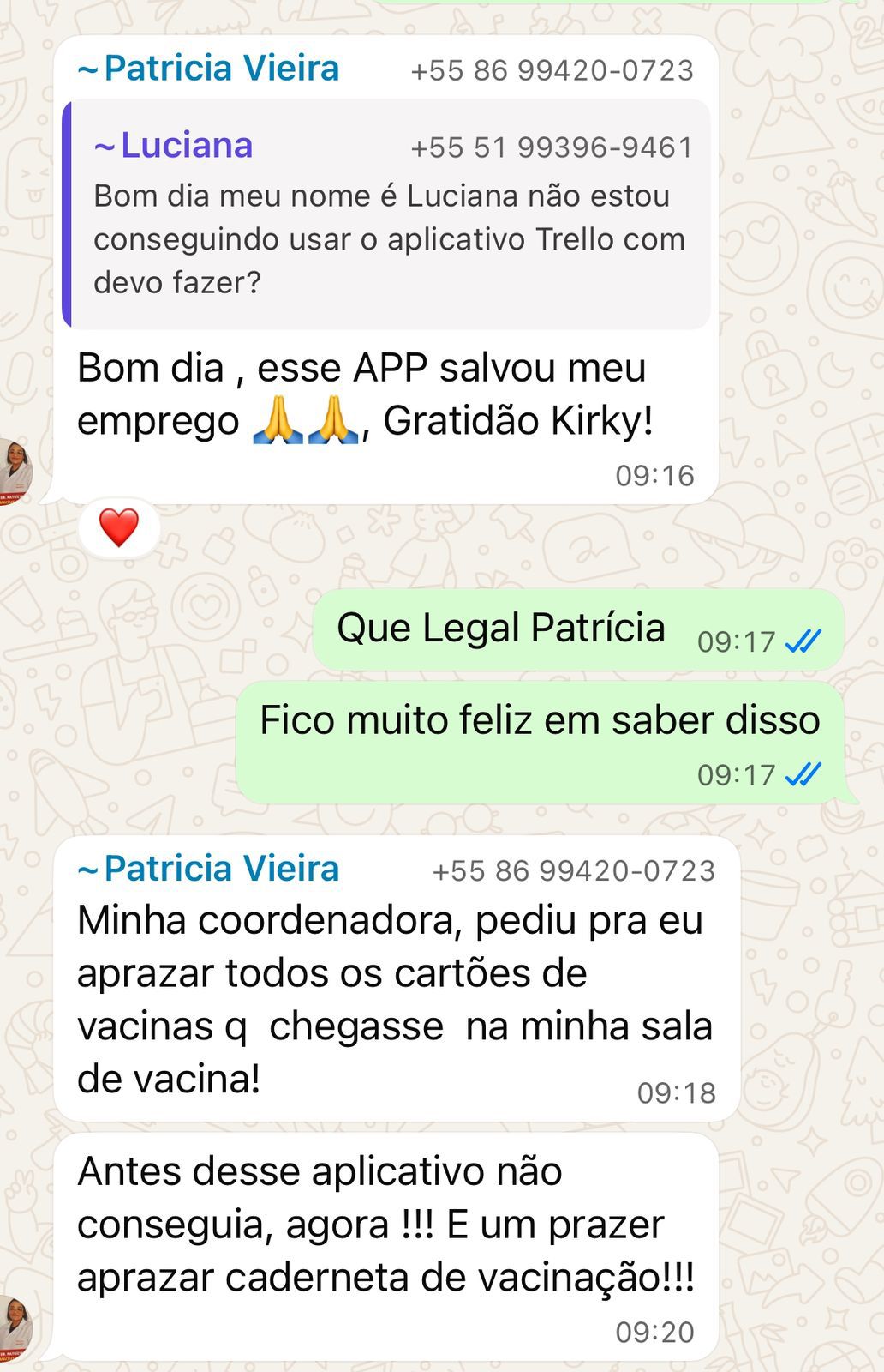 Print do WhatsApp: aluna diz que o app salvou seu emprego