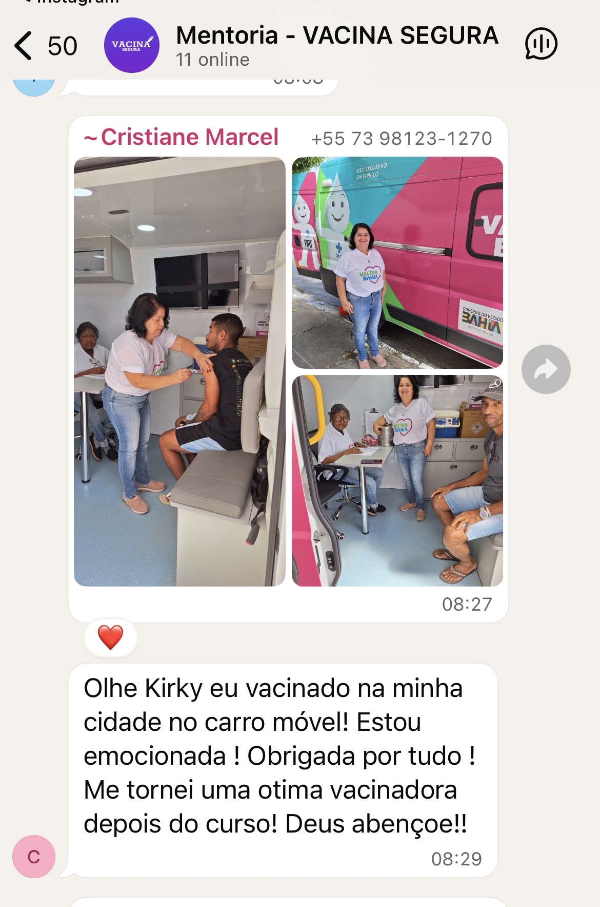 Print do WhatsApp: aluna vacinando em carro móvel após o curso